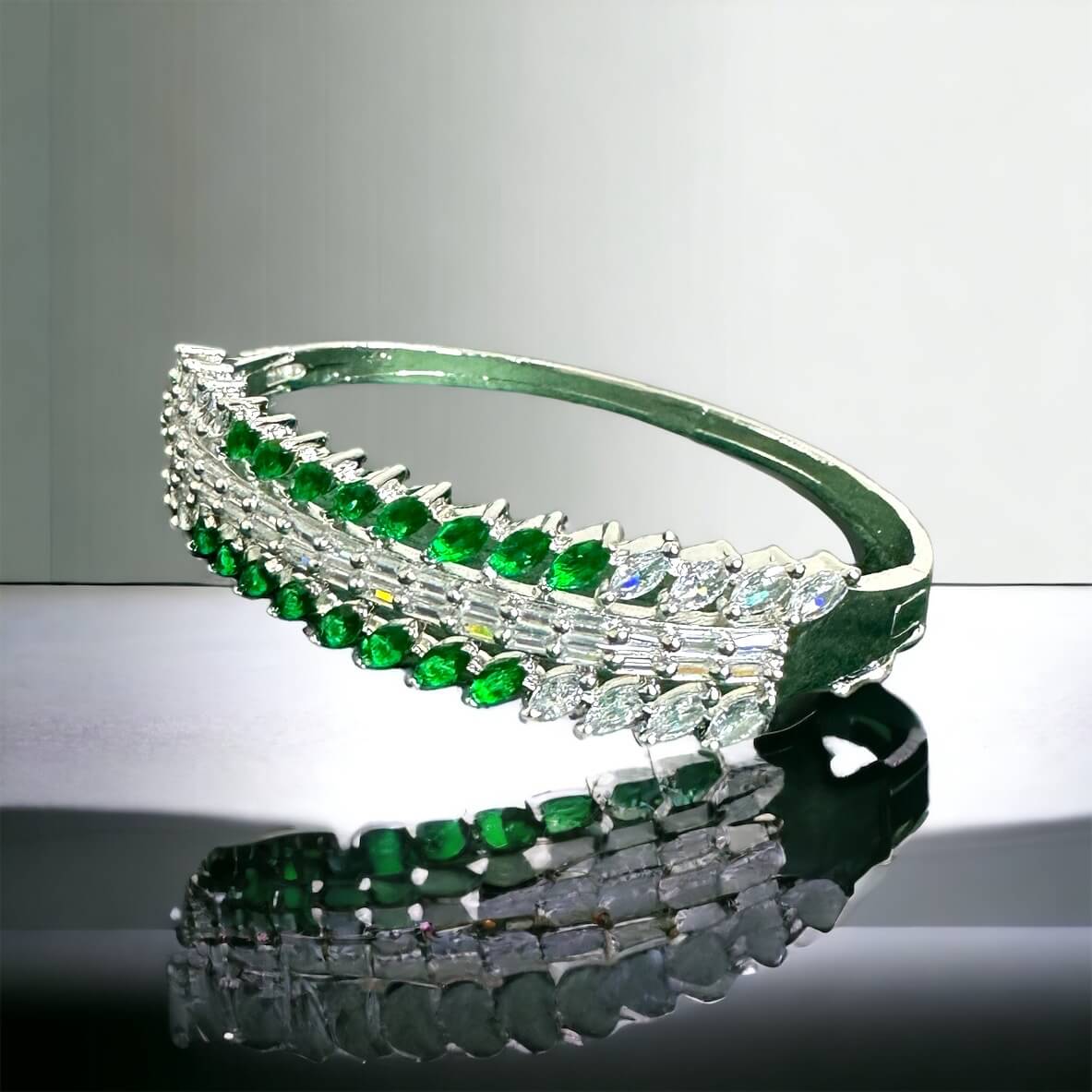 Green Silver Plated A.D Stone-Studded Kada Bracelet