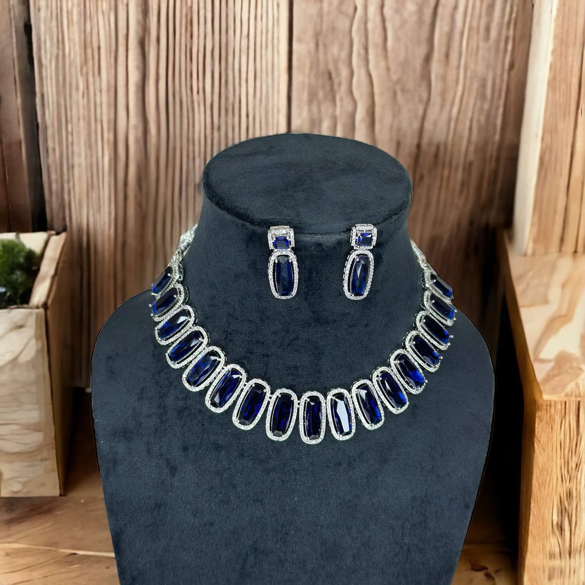 Blue And A.D Stone Studded Silver Plated Necklace Set