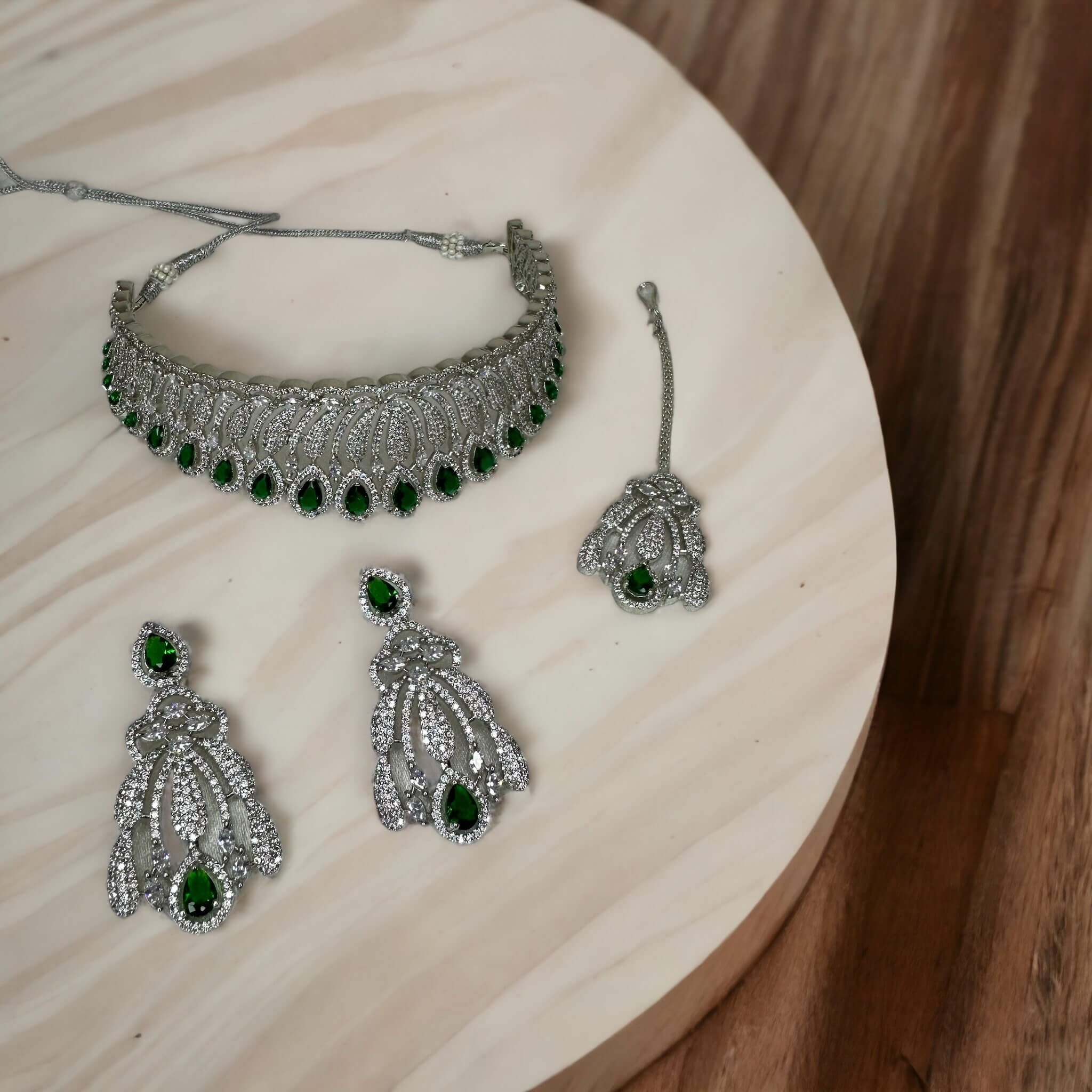 Green And A.D Stone Studded Silver Plated Choker Necklace Set