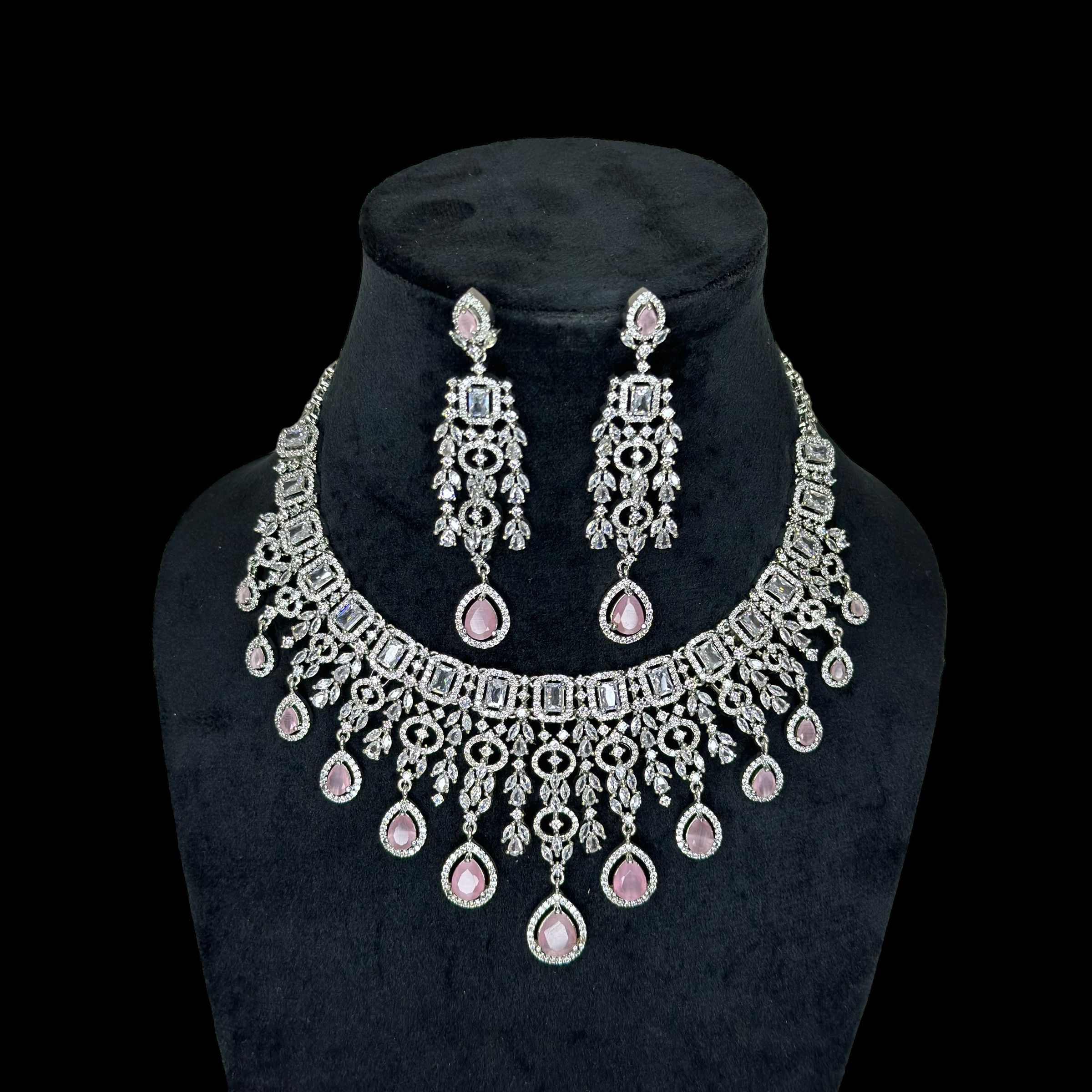 Pink And A.D Stone Studded Silver Plated Necklace Set
