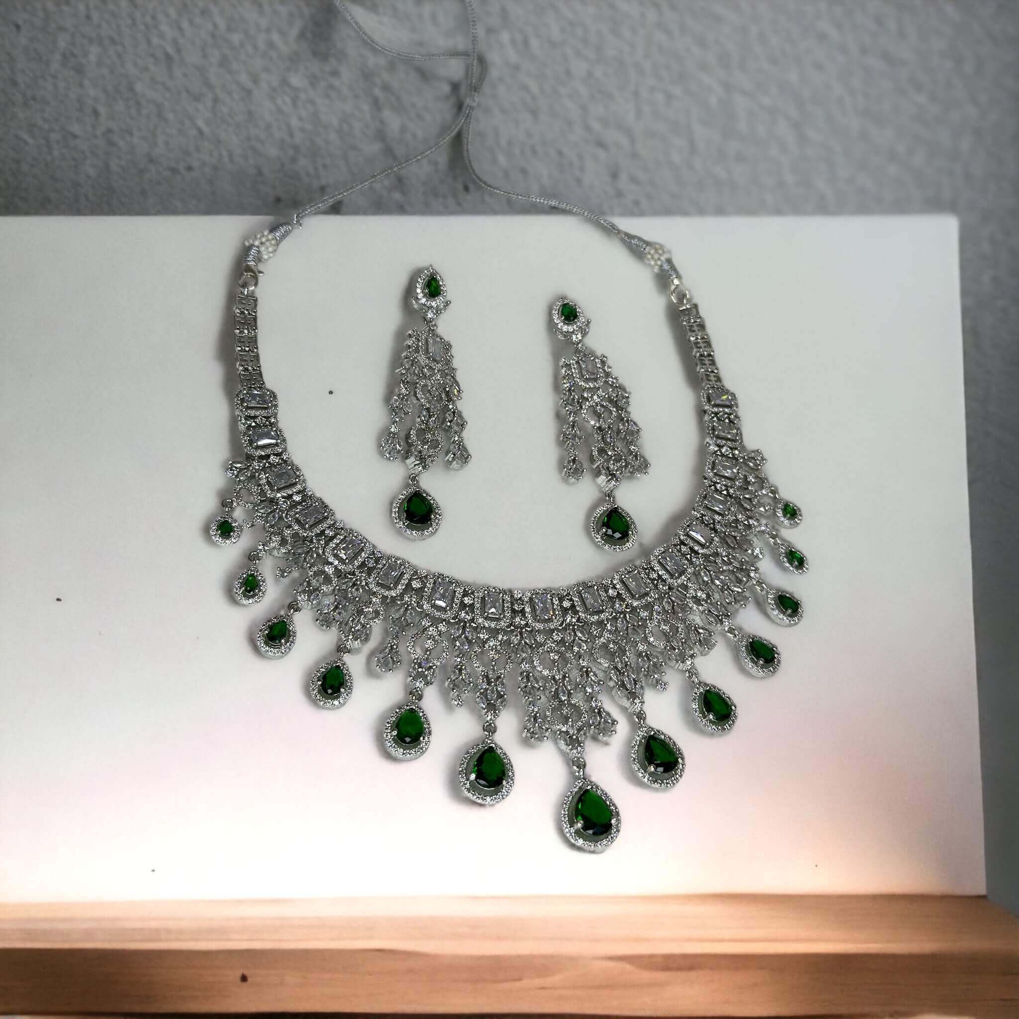 Green And A.D Stone Studded Silver Plated Necklace Set