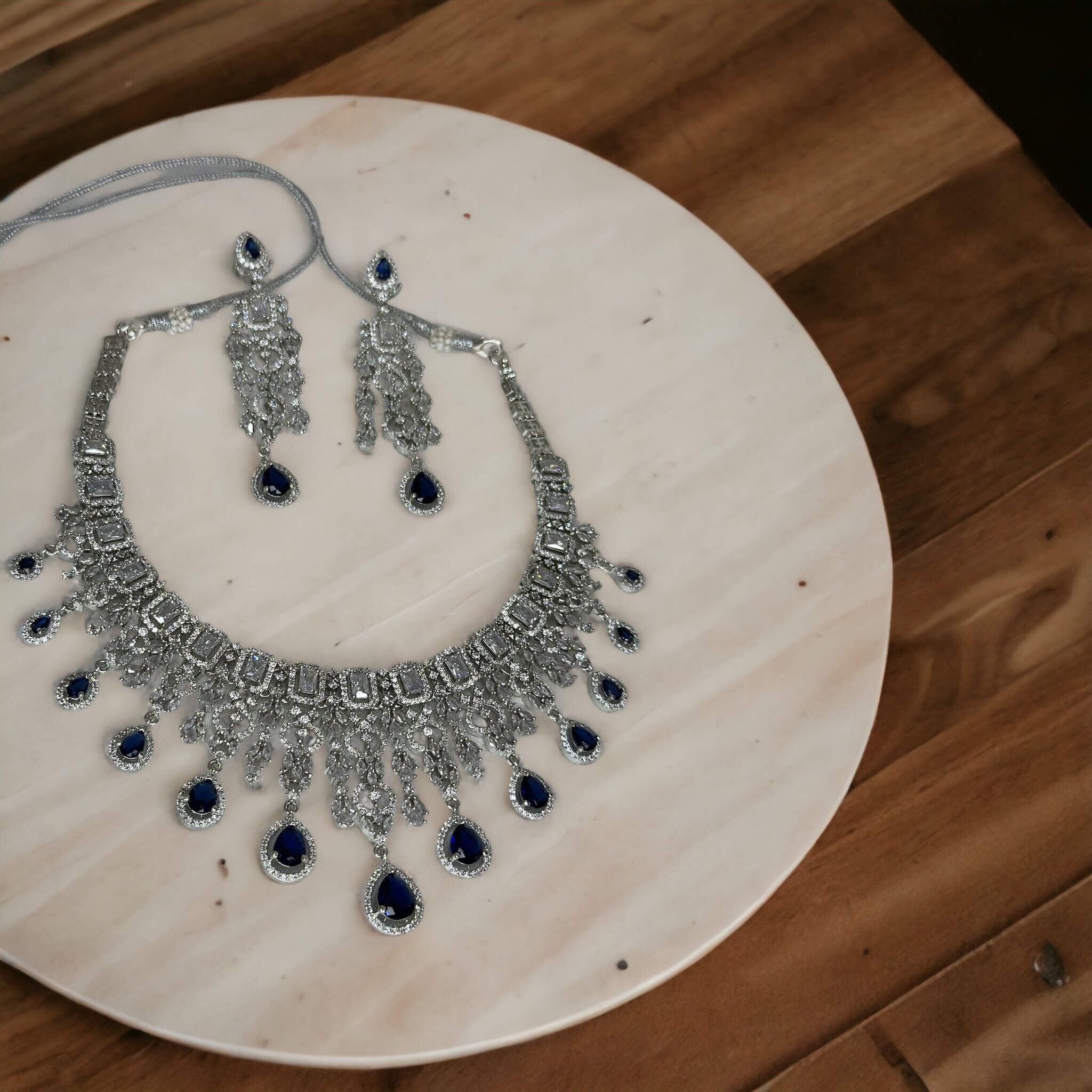 Blue And A.D Stone Studded Silver Plated Necklace Set
