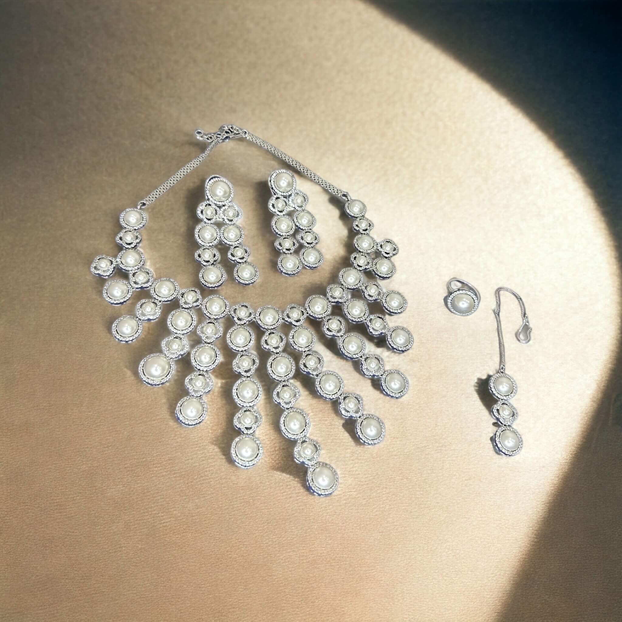 Contemporary Pearl Necklace Set With Mangtikka And Ring