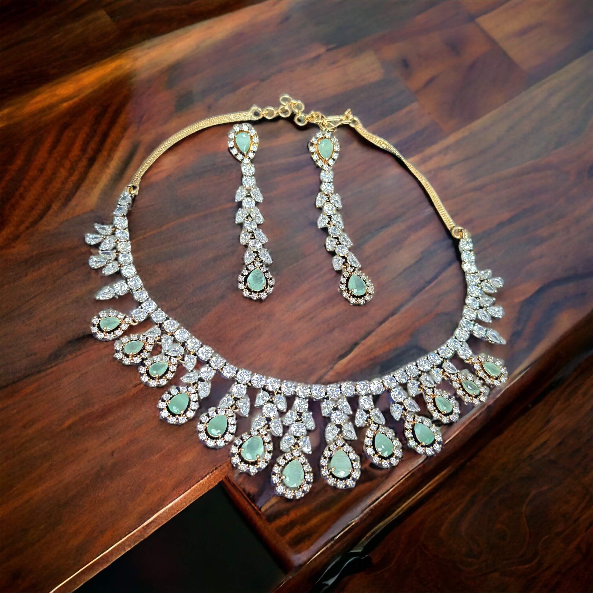 Mint Green Rose Gold Plated A.D Studded Necklace Set