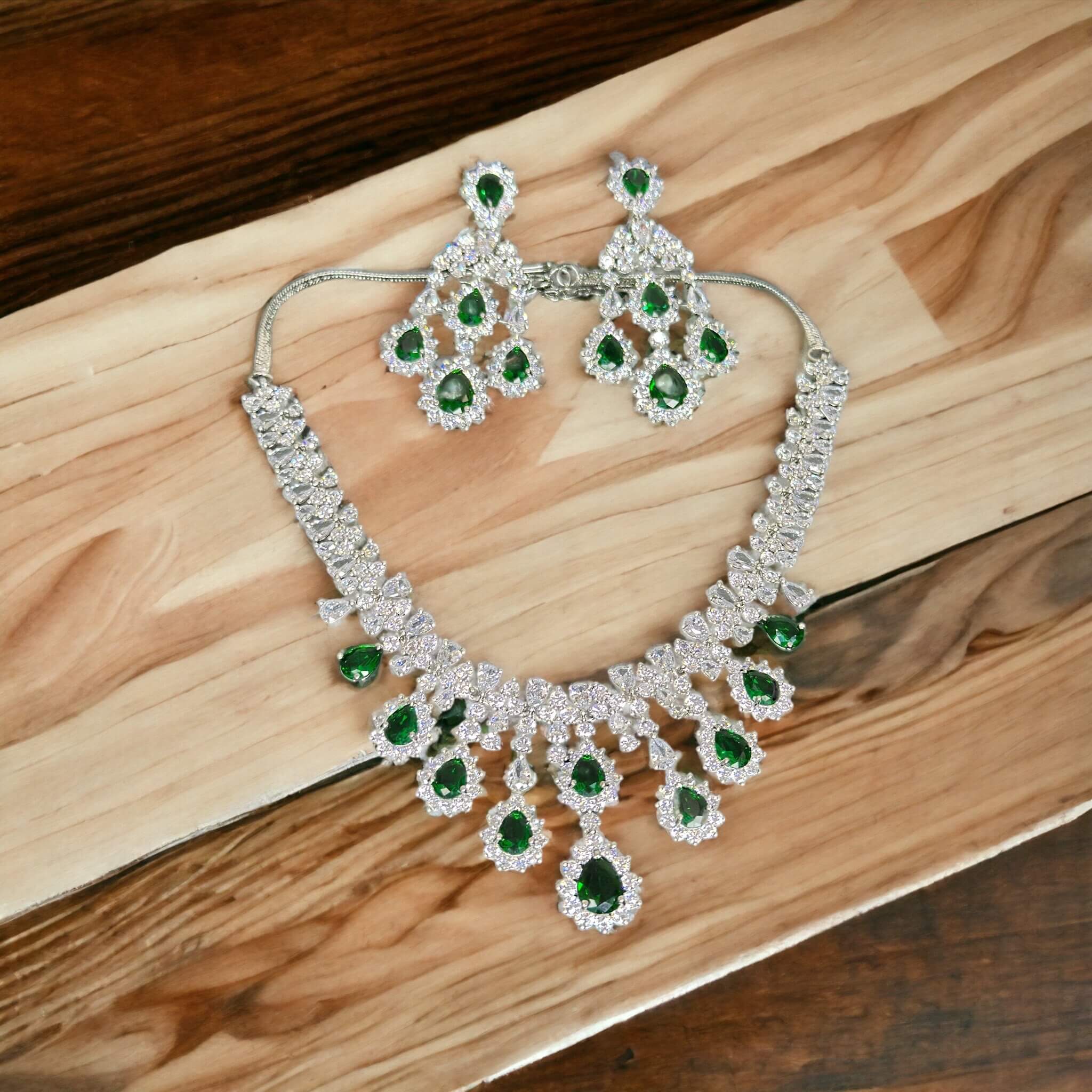 Green Silver Plated A.D Studded Necklace Set