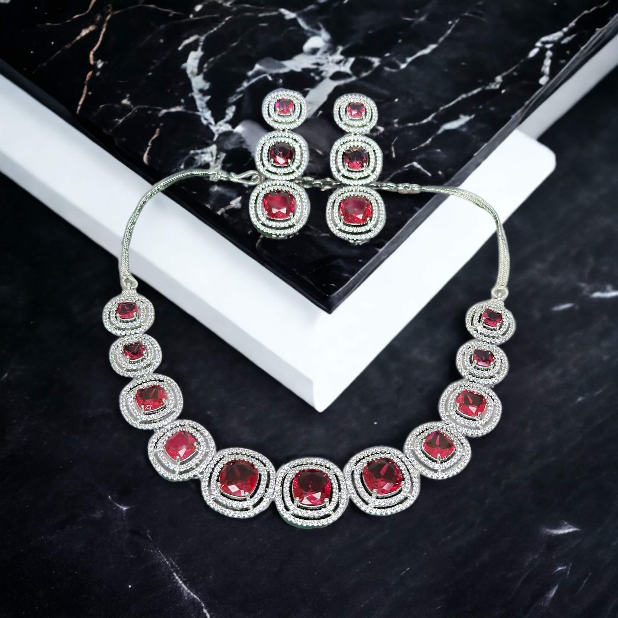 Red And A.D Stone Studded Silver Plated Necklace Set