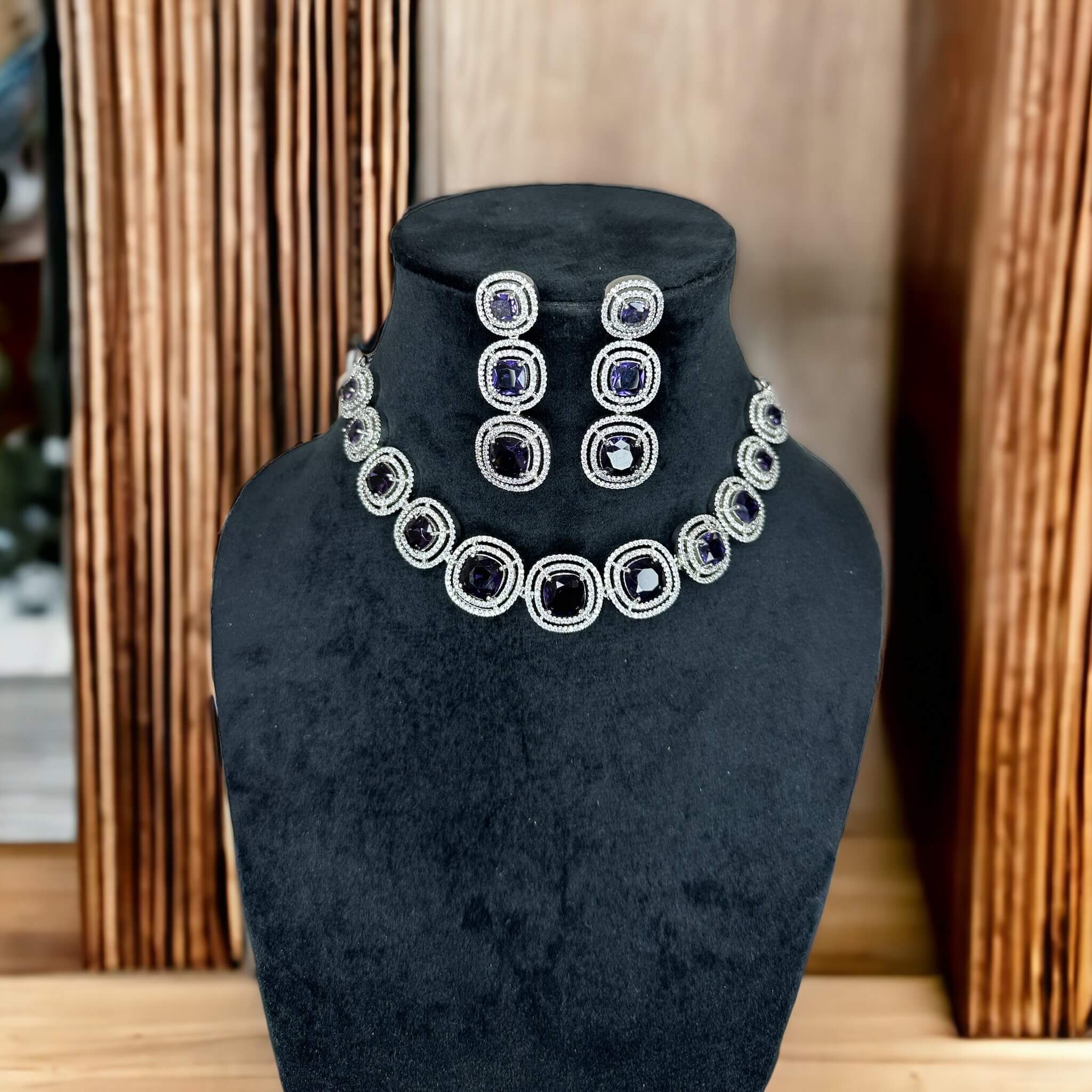 Purple And A.D Stone Studded Silver Plated Necklace Set