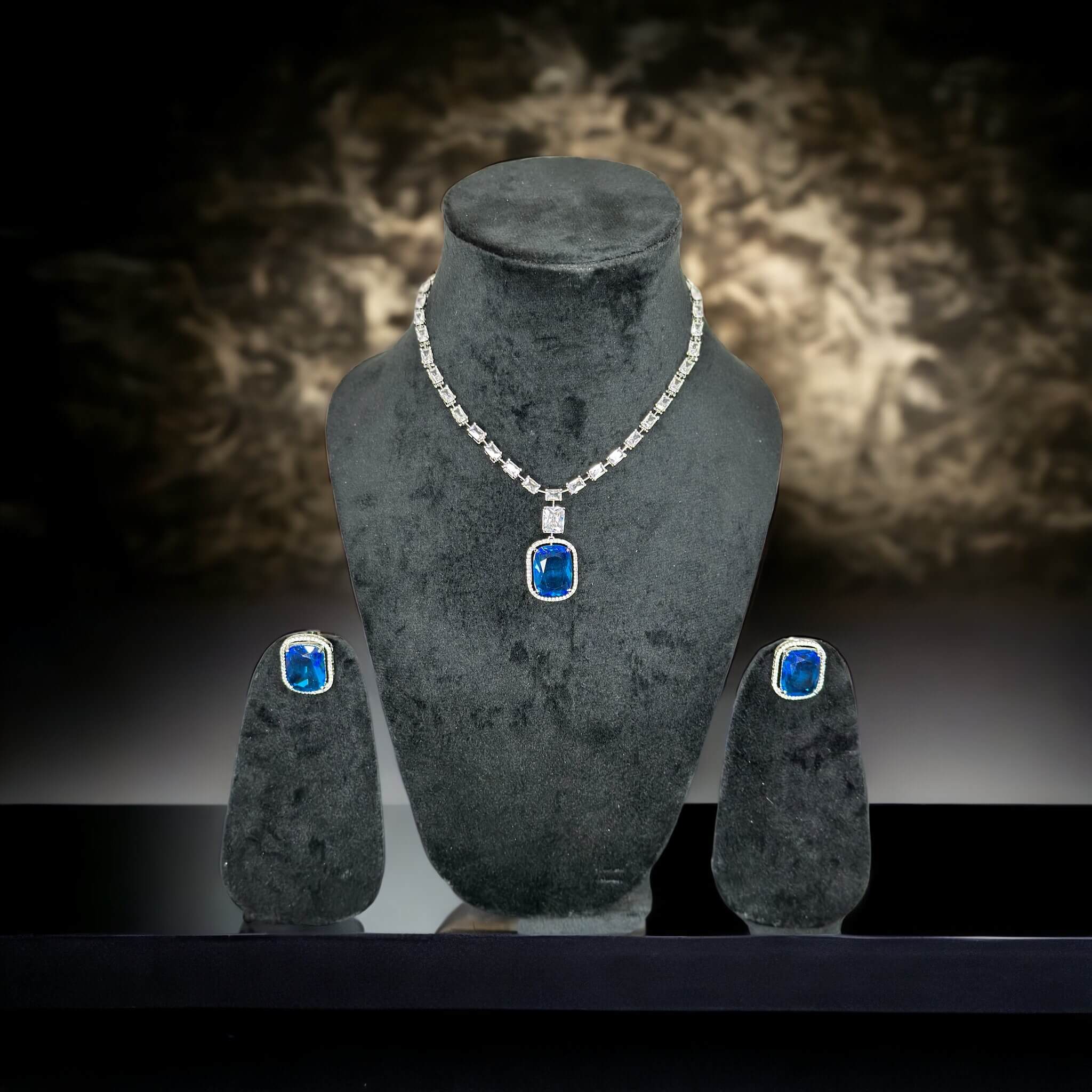 Aqua Blue And A.D Stone Studded Silver Plated Necklace Set