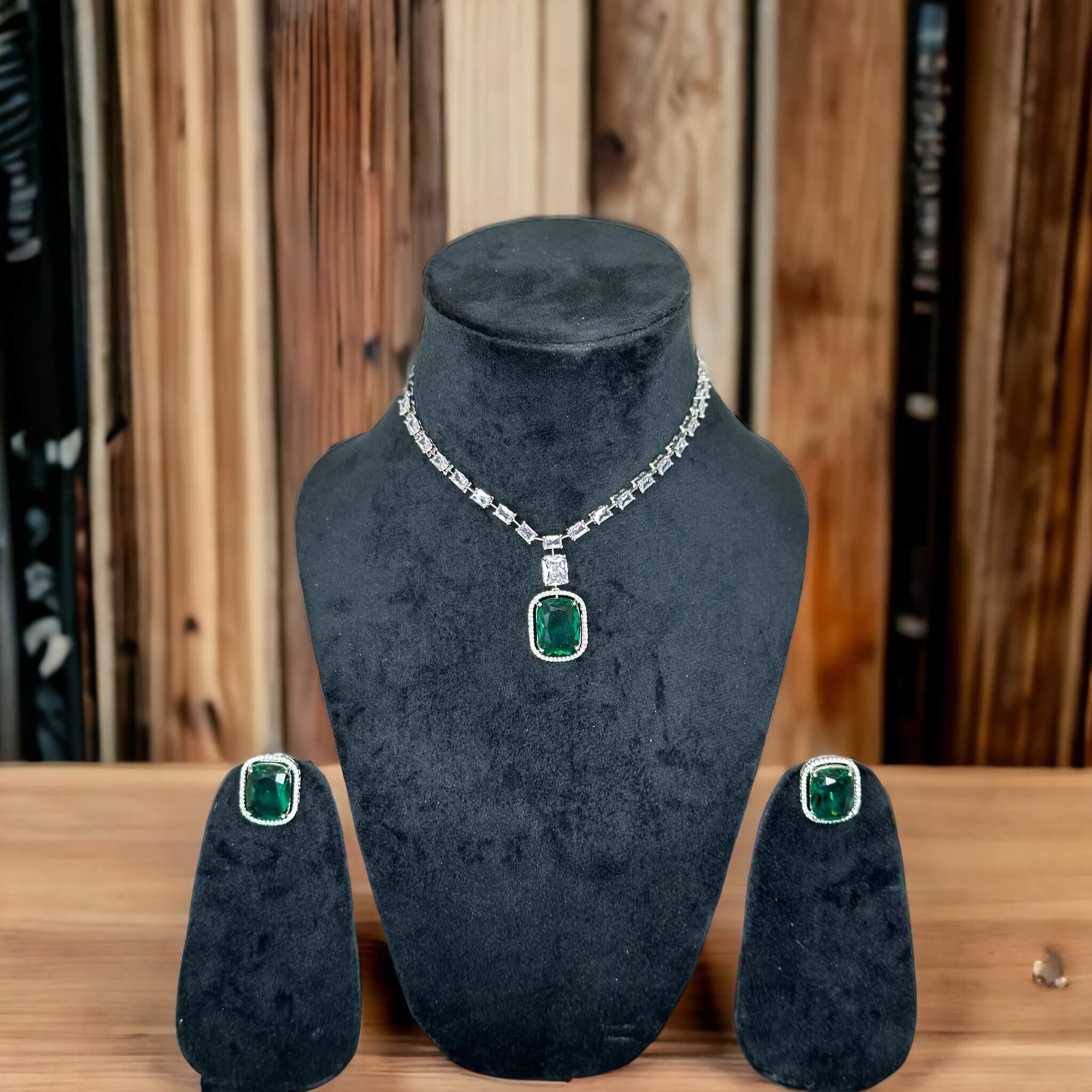 Green And A.D Stone Studded Silver Plated Necklace Set