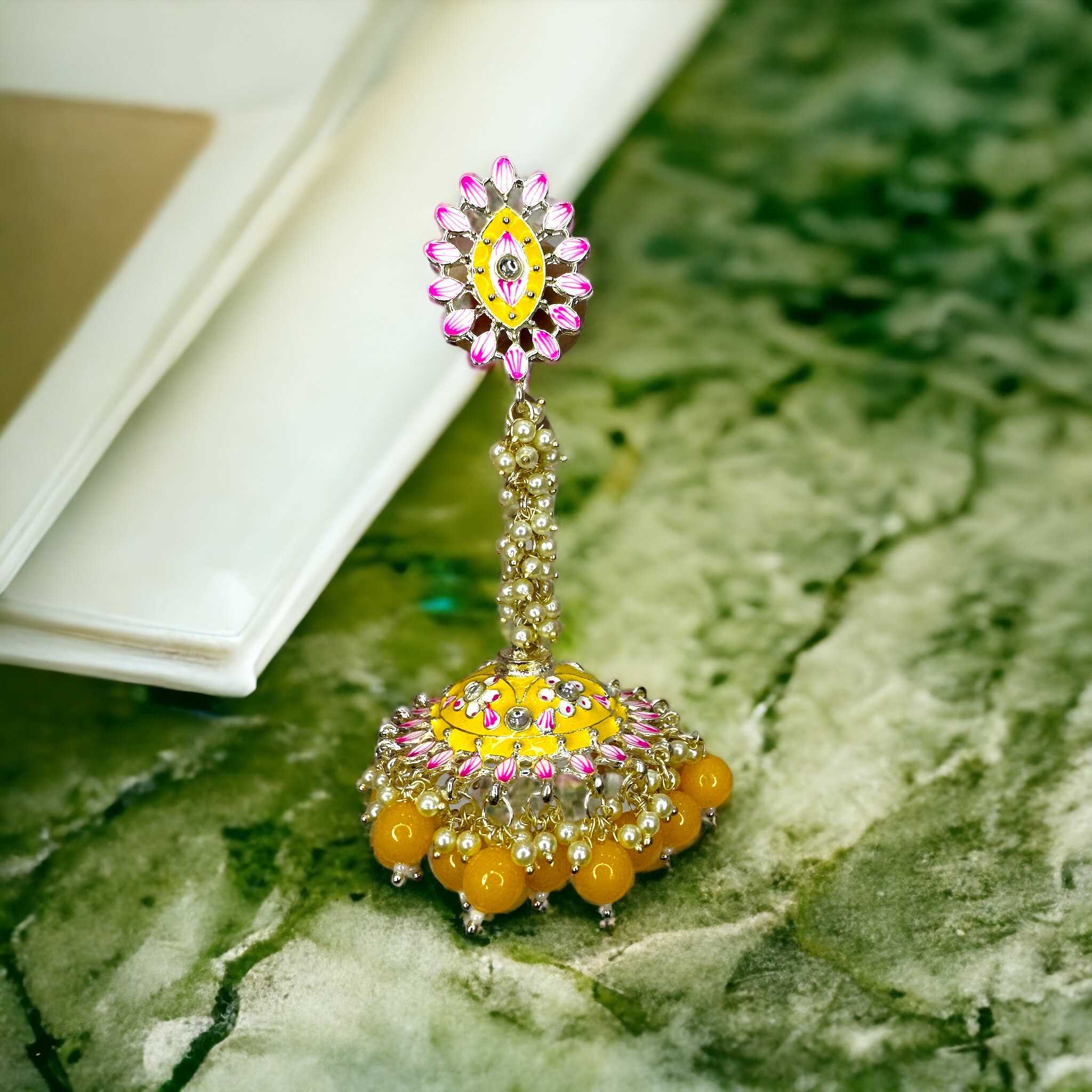 Yellow Meenakari Jhumka Earrings