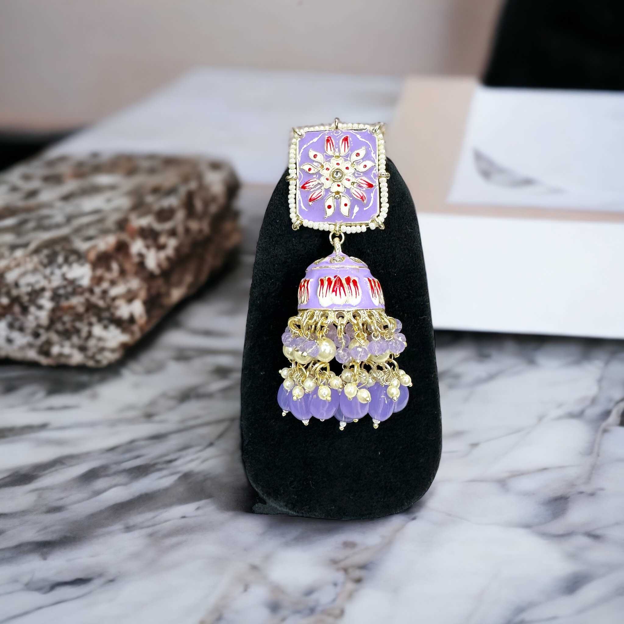 Lavender Meenakari Pearl Studded Jhumka Earrings