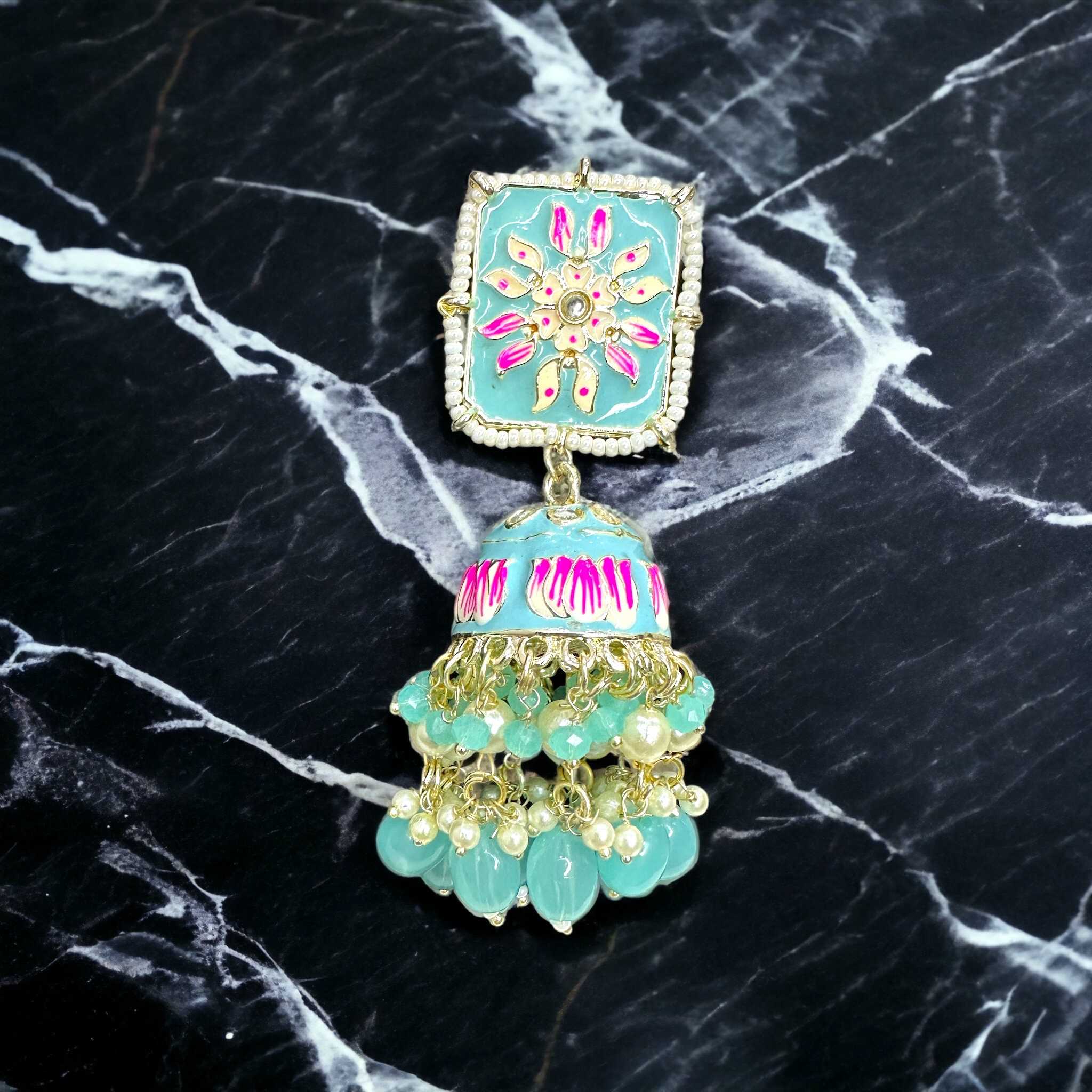 Turquoise Meenakari Pearl Studded Jhumka Earrings