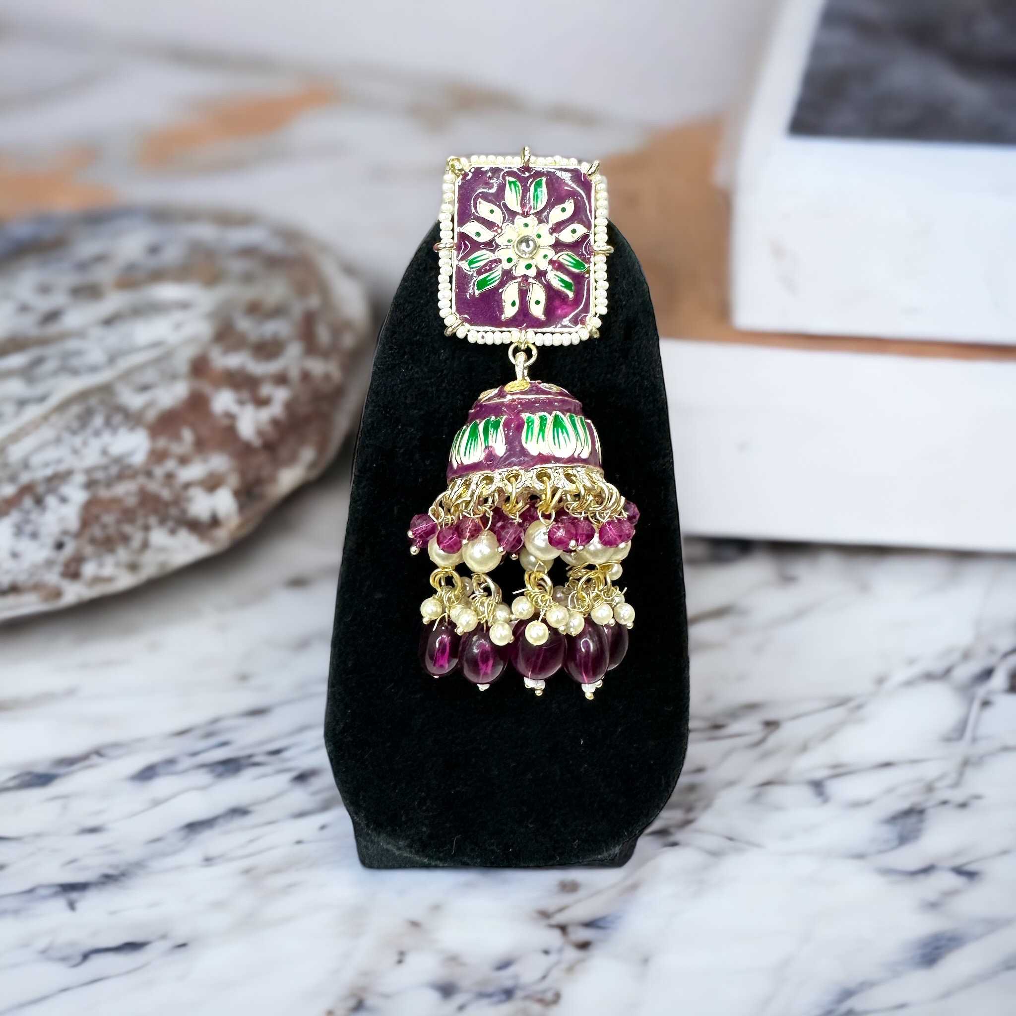 Purple Meenakari Pearl Studded Jhumka Earrings