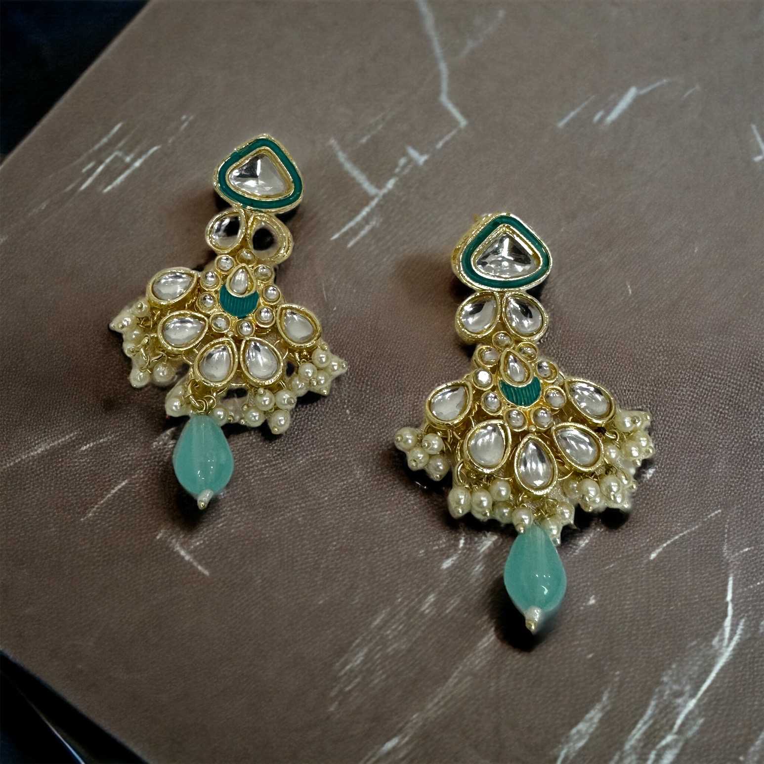 Turquoise Gold Plated Pearl Studded Earrings