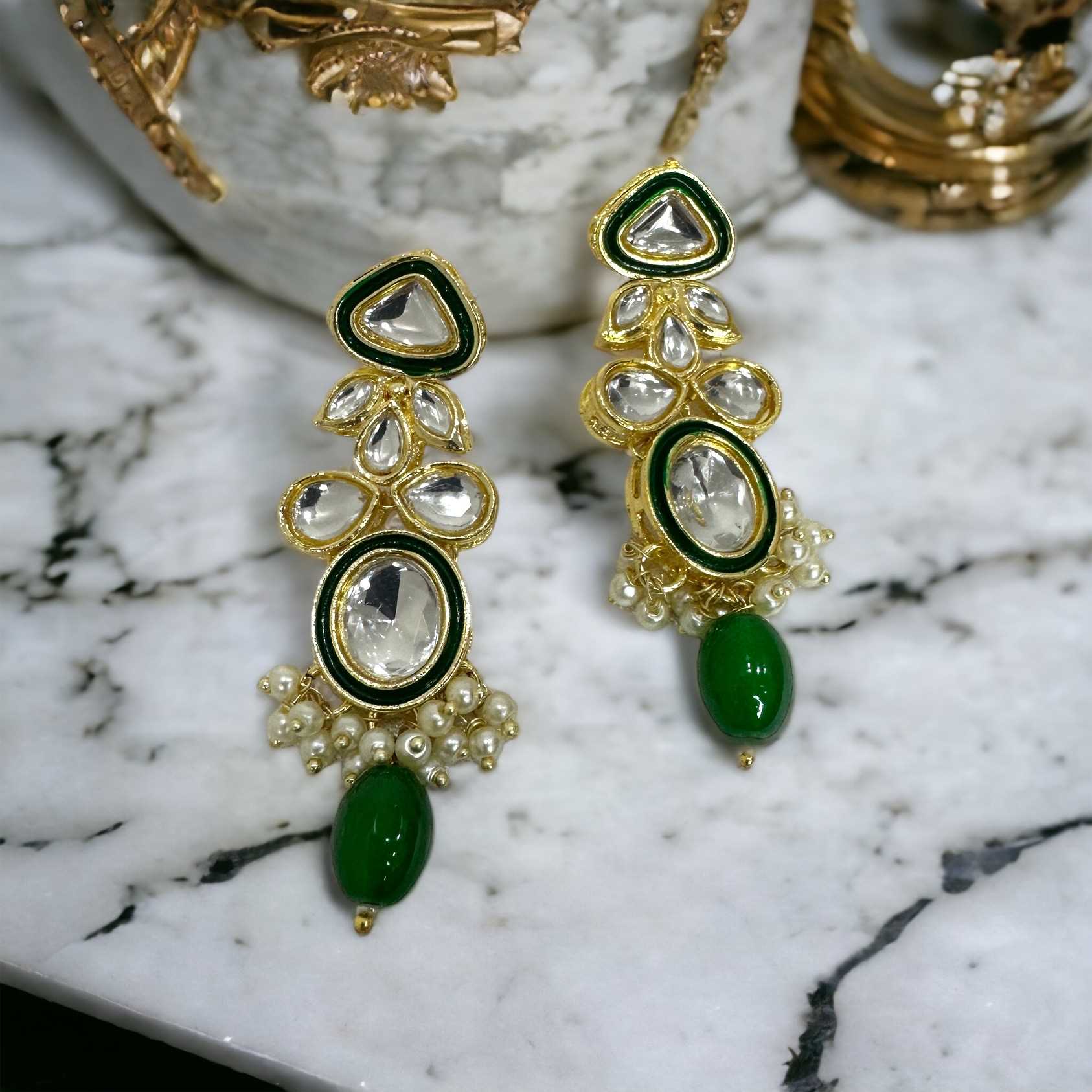 Green Gold Plated Pearl Studded Earrings