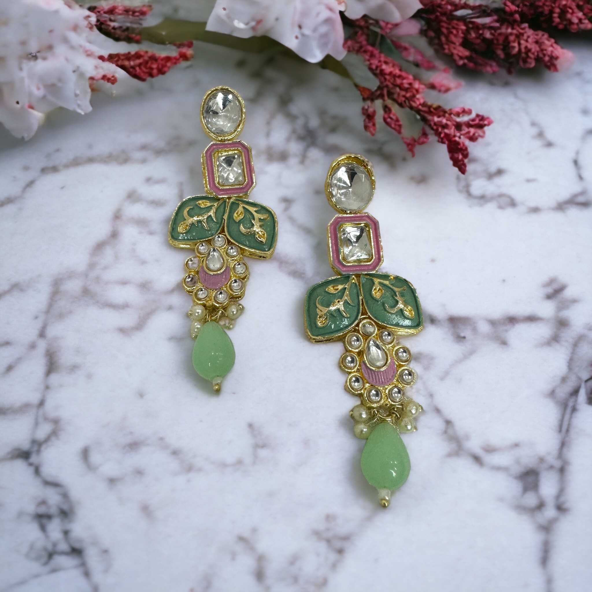 Pink Green Meenakari Drop Earrings