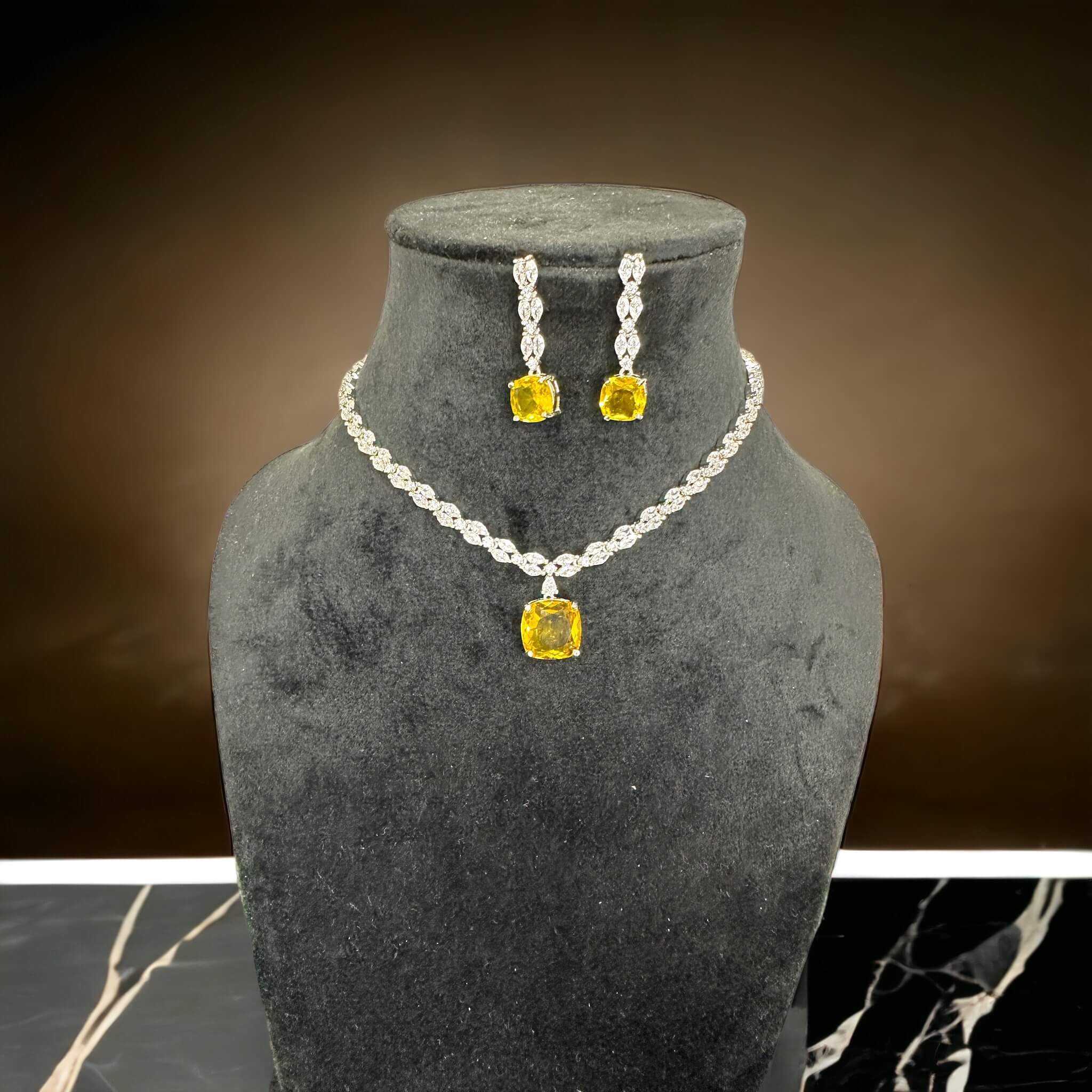 Yellow And A.D Stone Studded Silver Plated Necklace Set