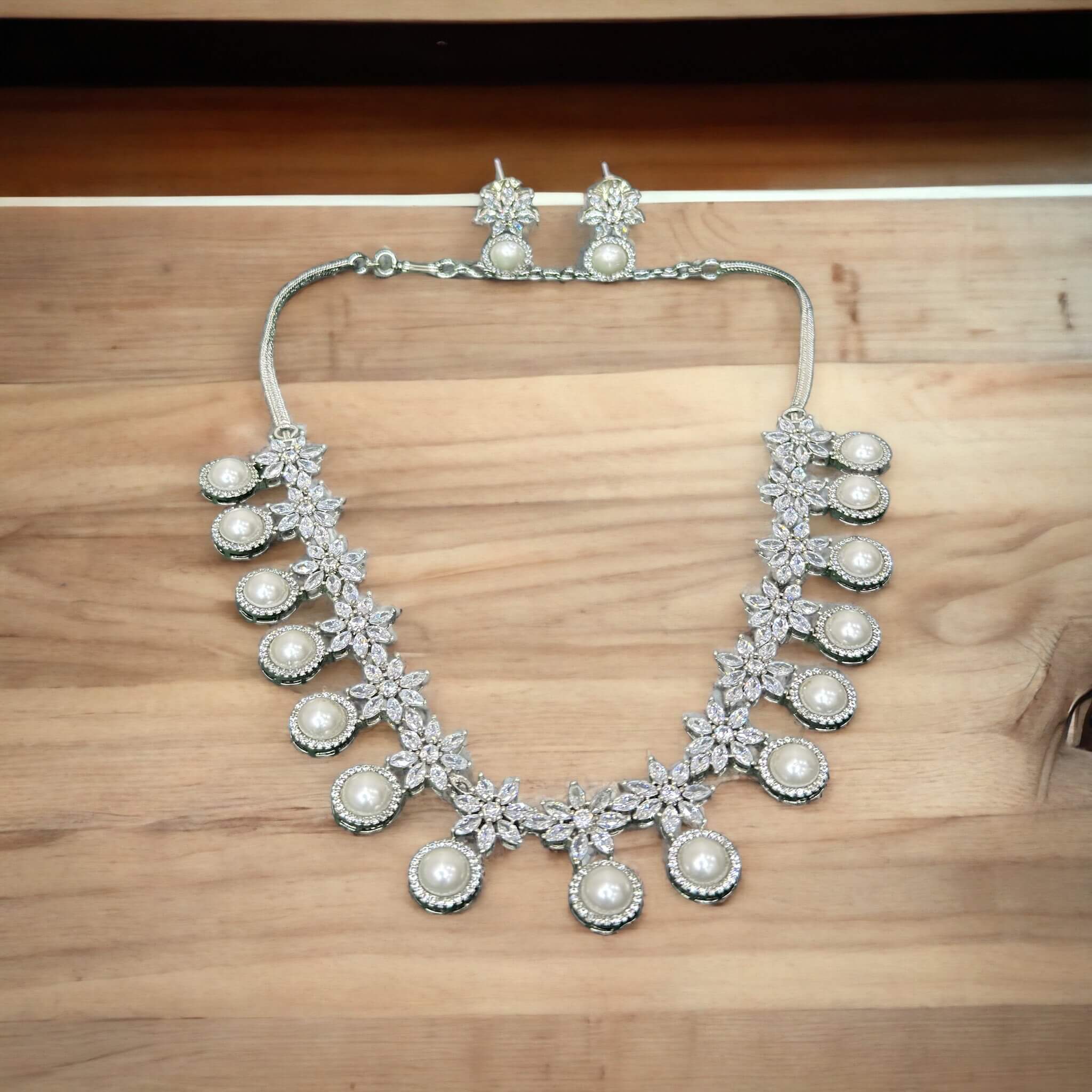 Pearl Silver Plated A.D Studded Necklace Set