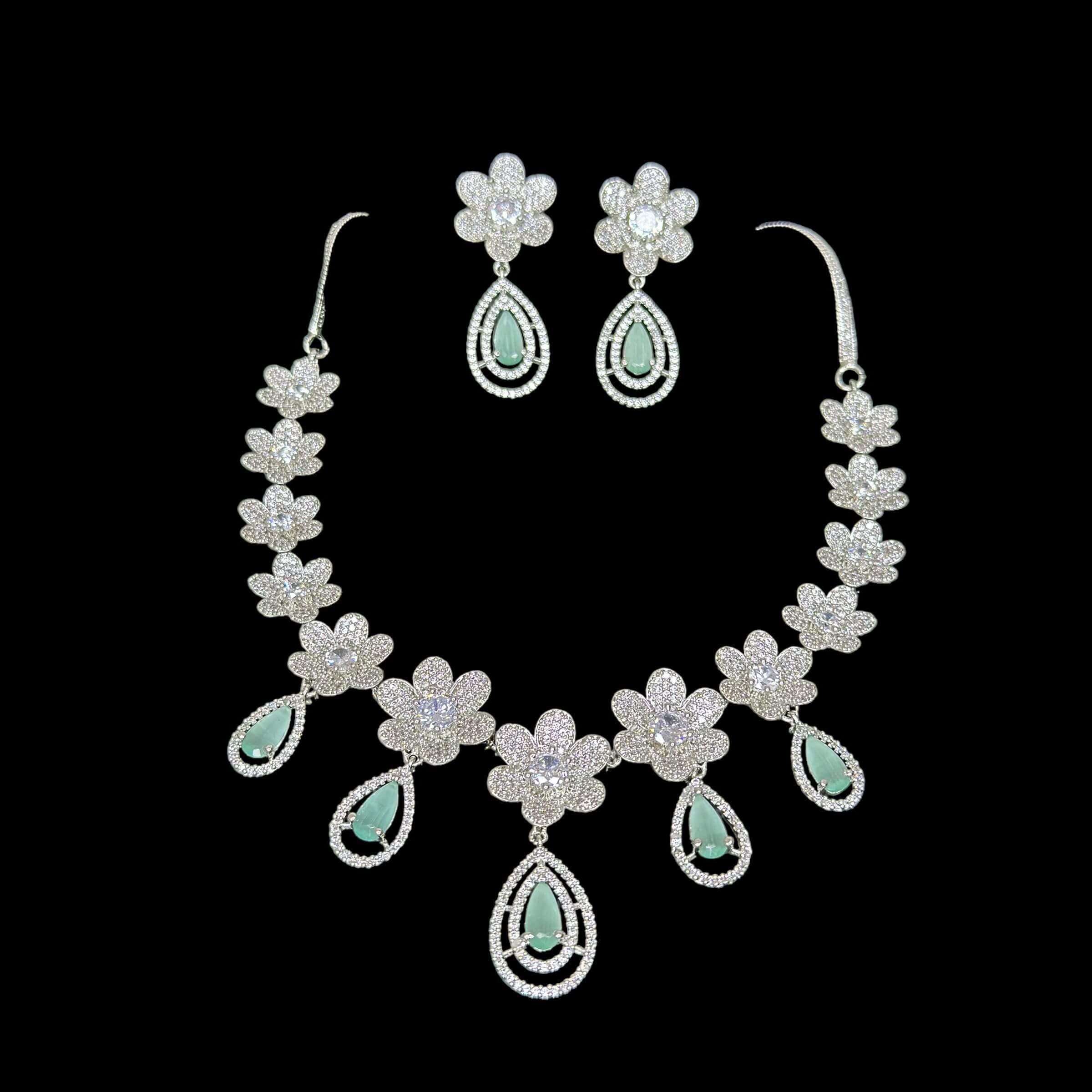 Mint Green Silver Plated A.D Studded Necklace Set