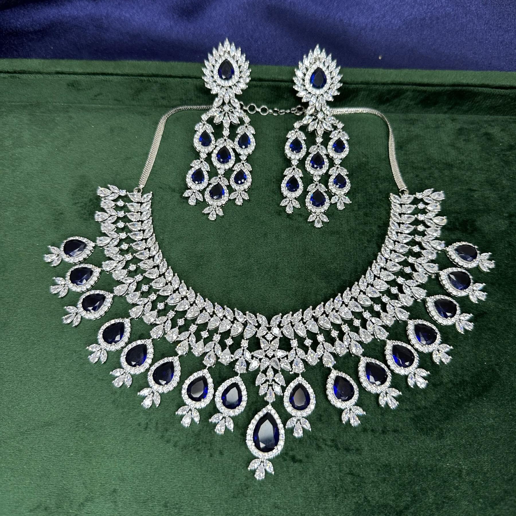 Blue Silver Plated A.D Studded Necklace Set